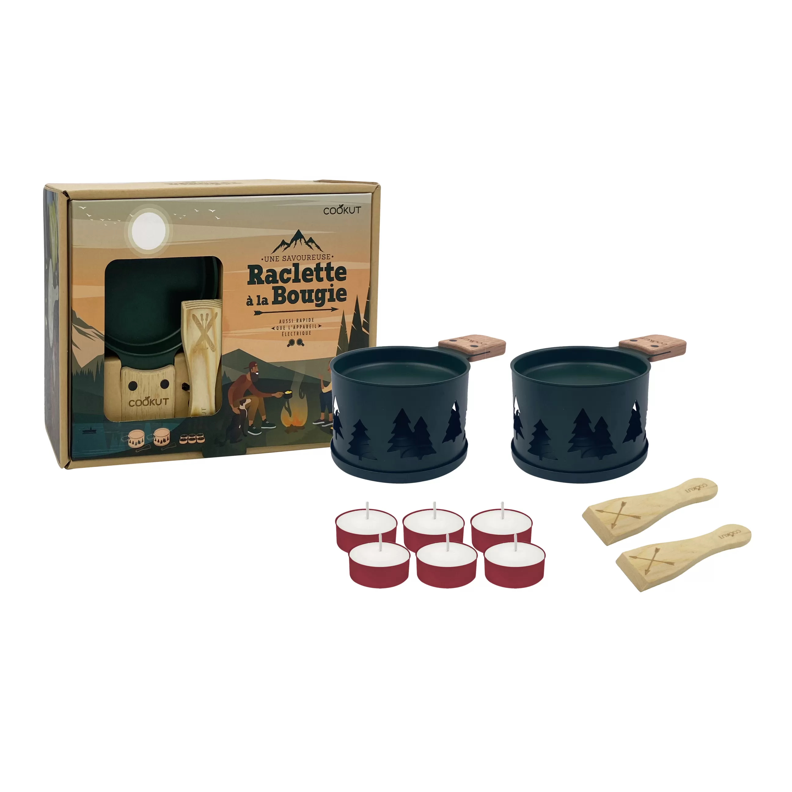 Plats Et Cuisson>Cookut Set Lumi Metal Vert / Pour Raclette A La Bougie - 2 Personnes - Bois Naturel - Vert Fonce