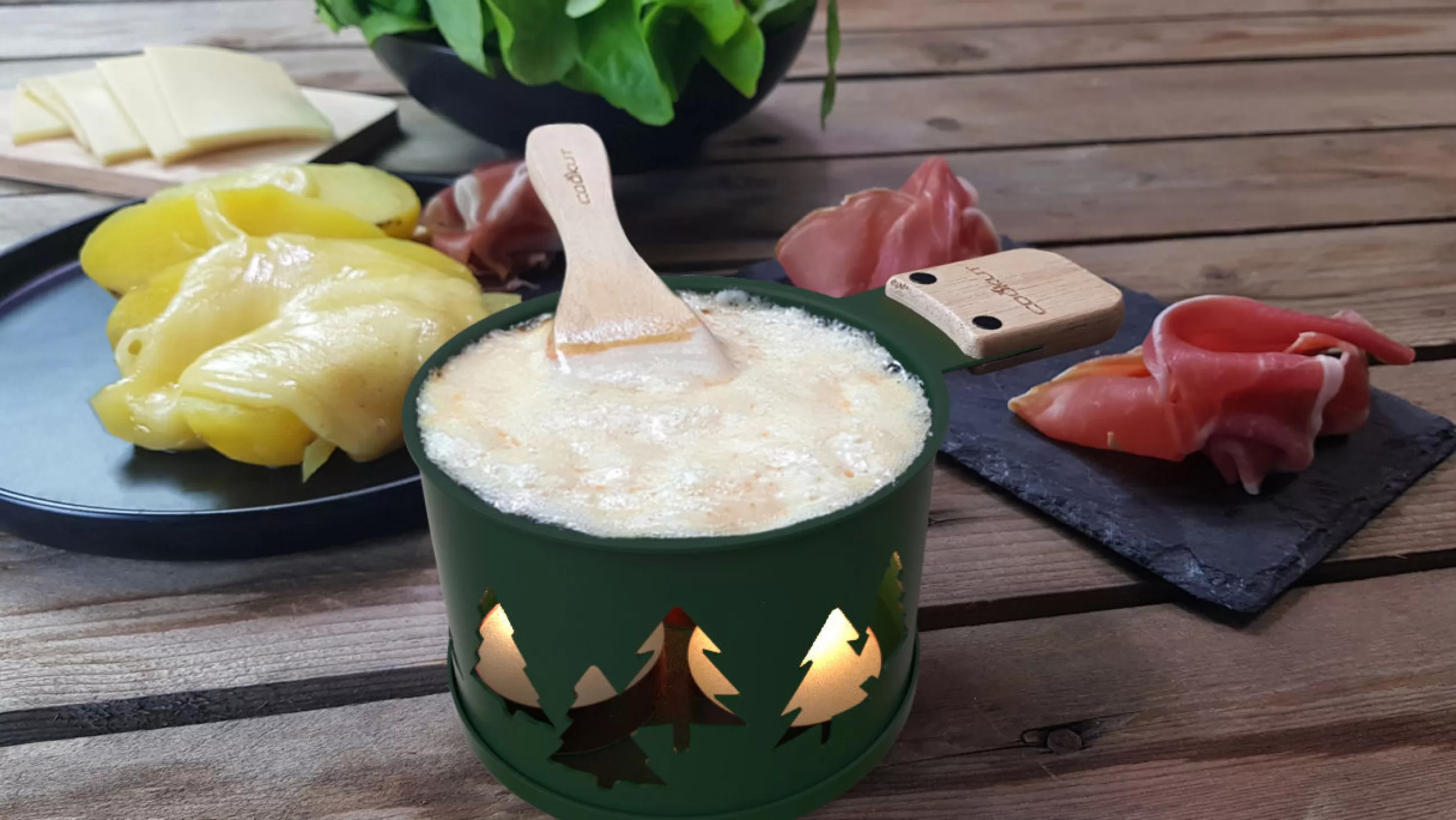Plats Et Cuisson>Cookut Set Lumi Metal Vert / Pour Raclette A La Bougie - 2 Personnes - Bois Naturel - Vert Fonce