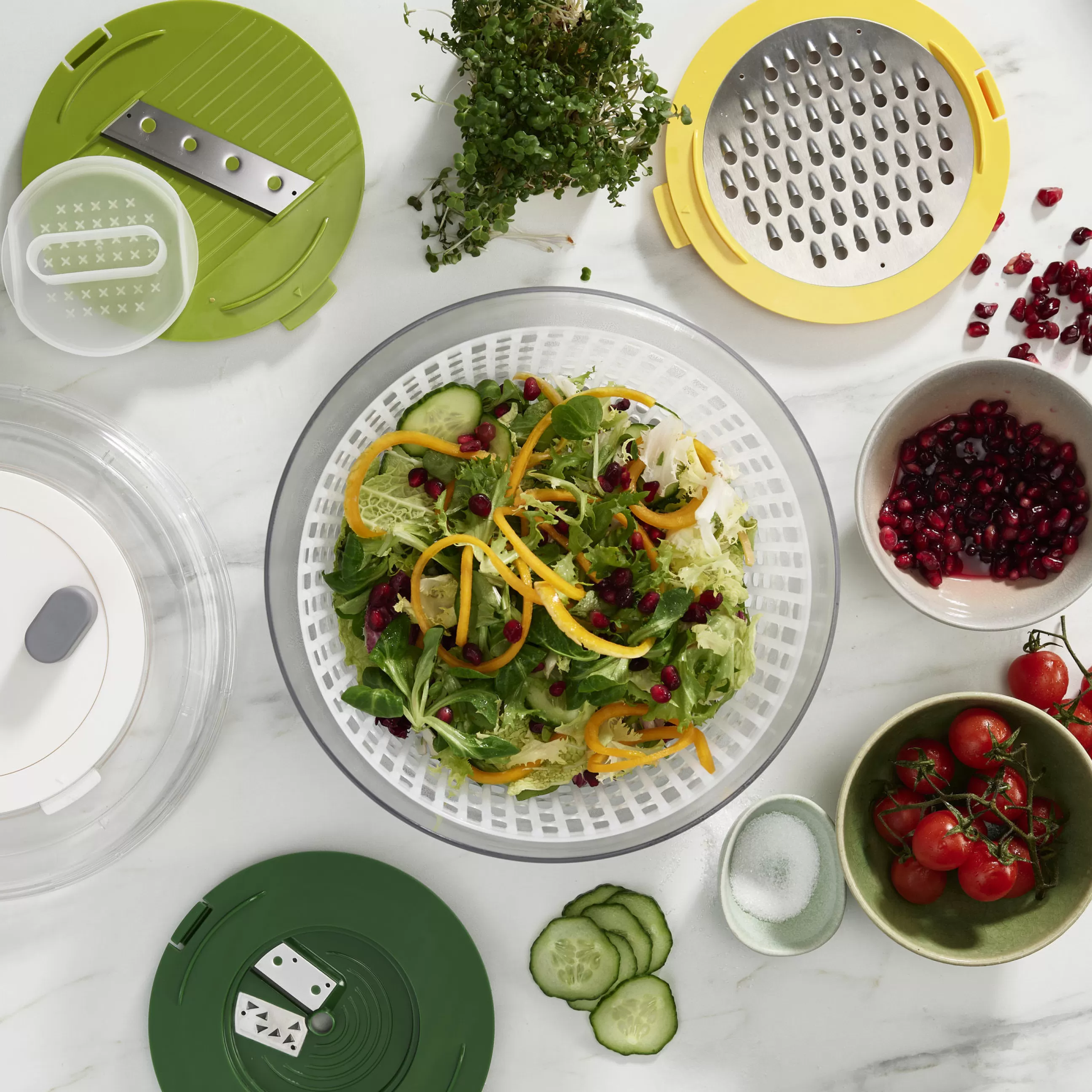 Ustensiles De Cuisines>Joseph Joseph Set Preparation De Salade Multi-Prep Plastique Vert Transparent / 4 En 1 : Essoreuse, Spiraleur, Eminceur Et Rape - Jaune - Transparent - Vert