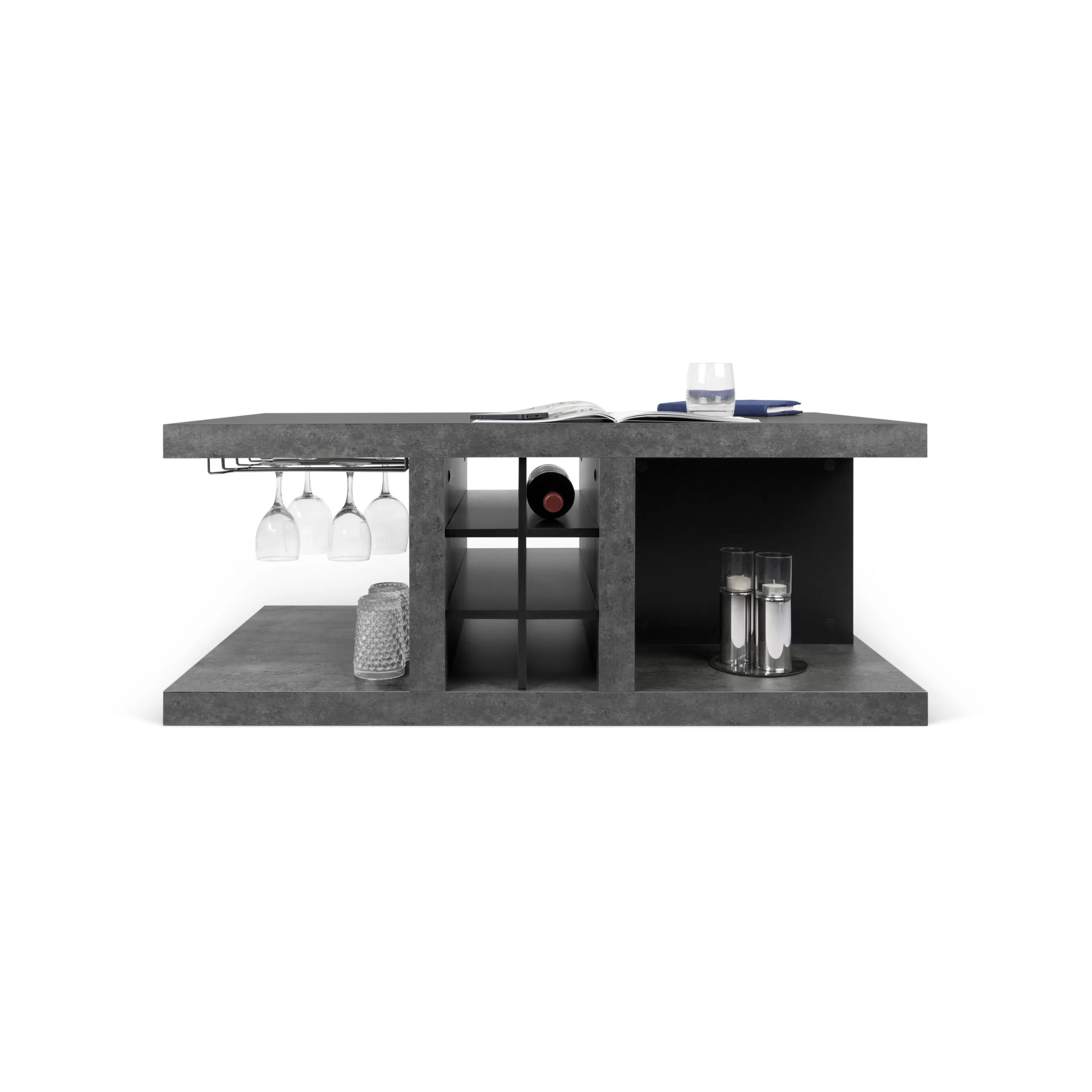 Autour Du Vin>POP UP HOME Table Basse Chicago Bar Bois Gris / Casier A Bouteilles & Rails Pour Verres A Pied - 110 X 65 X H 45 Cm - Gris Effet Beton - Noir