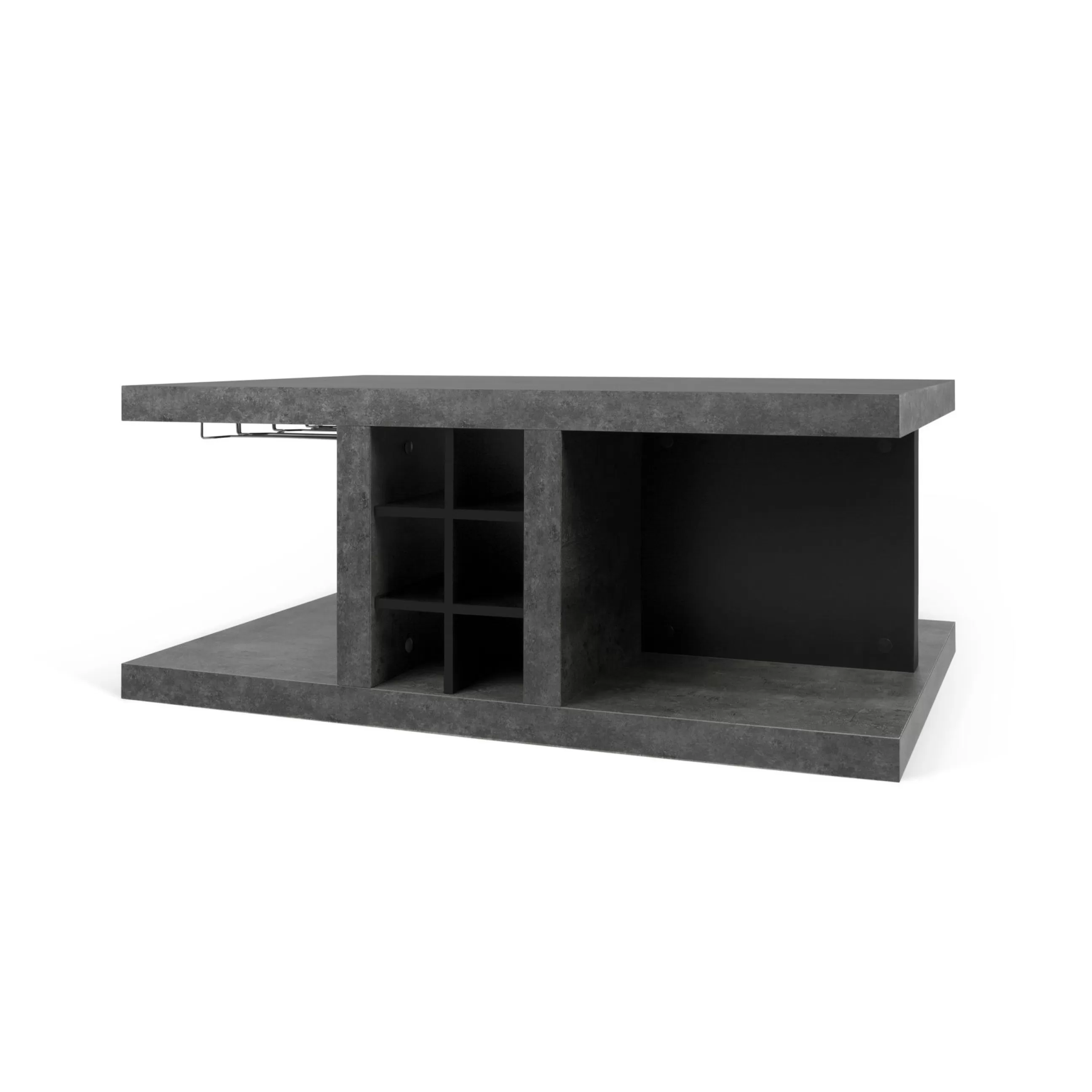 Autour Du Vin>POP UP HOME Table Basse Chicago Bar Bois Gris / Casier A Bouteilles & Rails Pour Verres A Pied - 110 X 65 X H 45 Cm - Gris Effet Beton - Noir