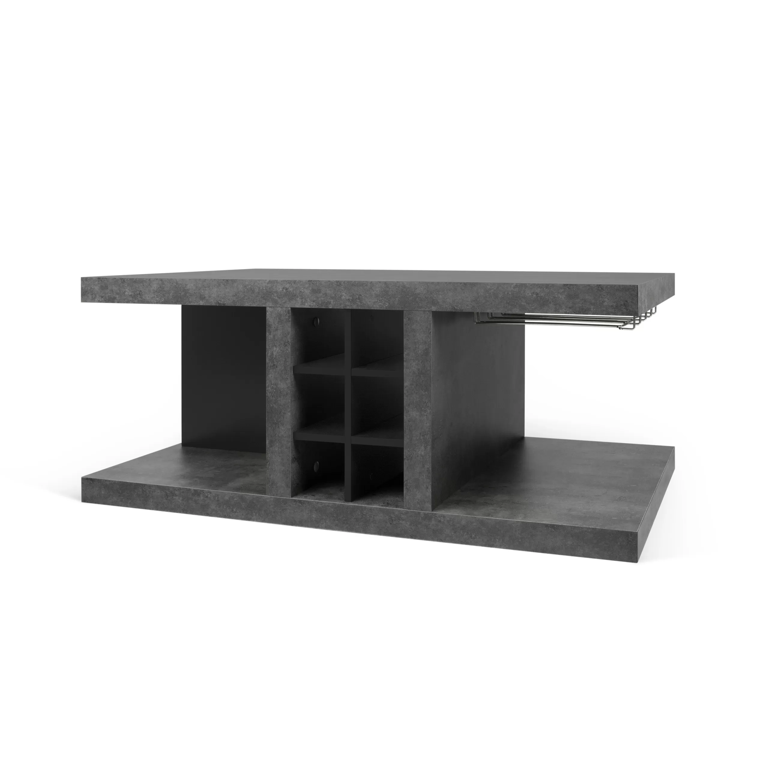 Autour Du Vin>POP UP HOME Table Basse Chicago Bar Bois Gris / Casier A Bouteilles & Rails Pour Verres A Pied - 110 X 65 X H 45 Cm - Gris Effet Beton - Noir