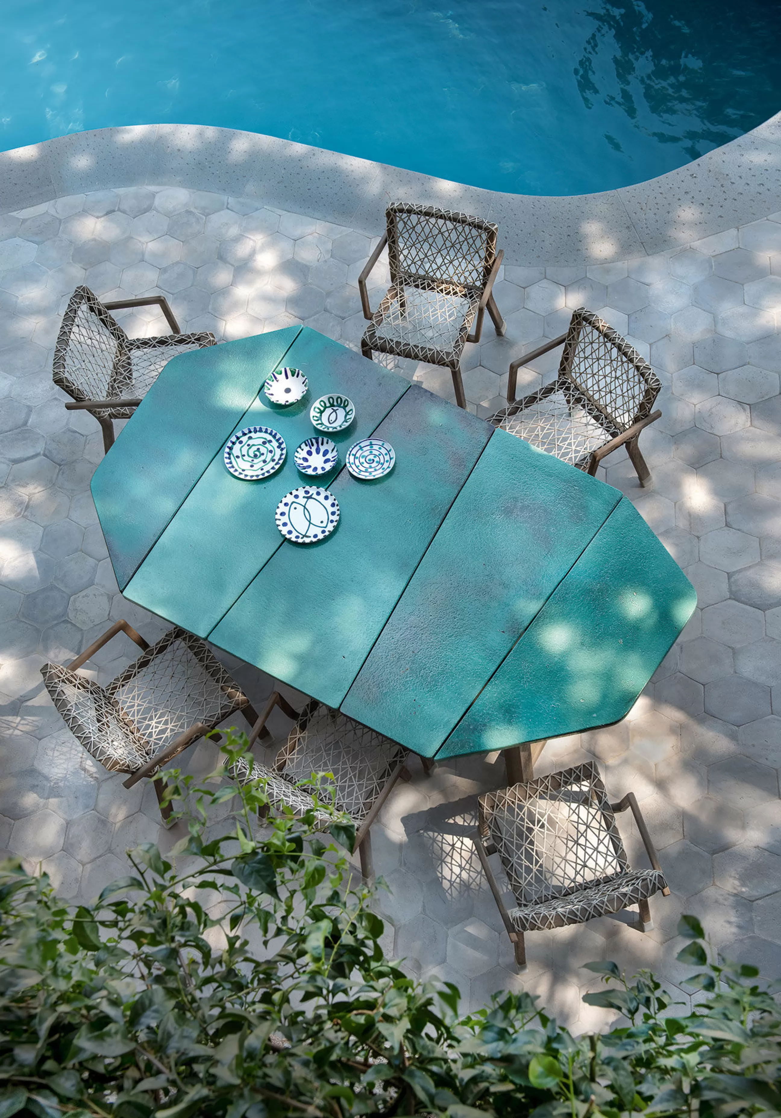 Tables De Jardin>Ethimo Table Rectangulaire Rafael Octogonal Pierre Vert / 264 X 154 Cm - Pierre De Lave & Teck Decape - 10 Personnes - Teck Decape - Vert Emeraude