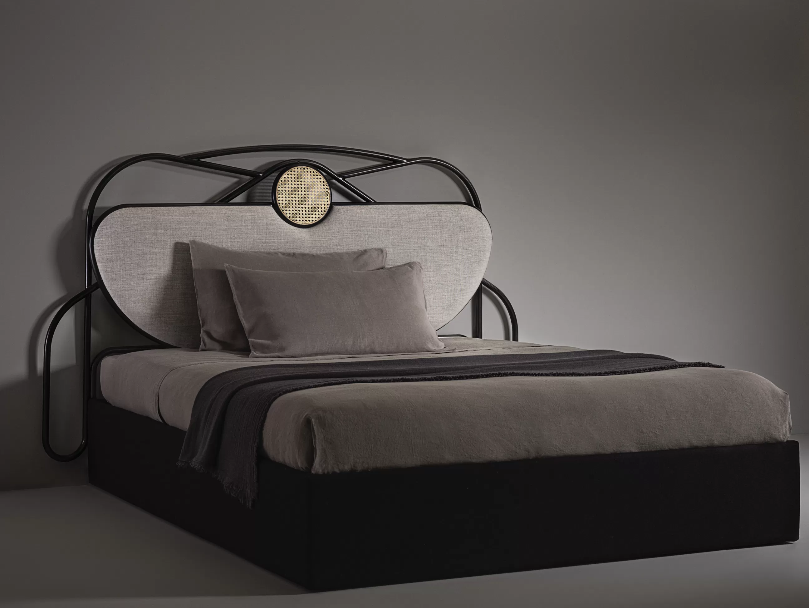 Lits>Wiener GTV Design Tete De Lit Yvette Fibre Vegetale Bois Gris Noir Beige / L 200 X  H 121 Cm - Rembourree - Gris - Naturel - Noir