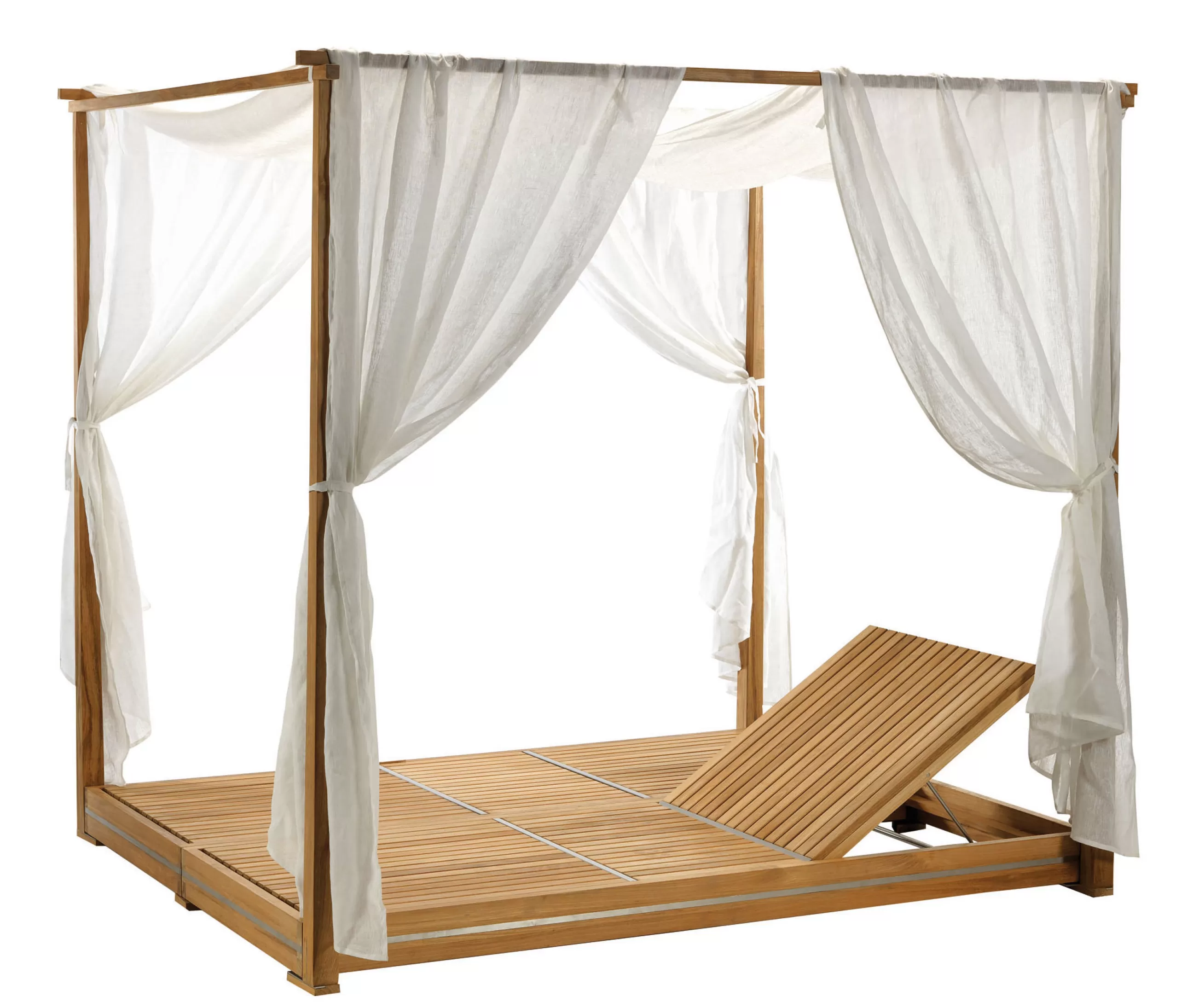 Bains De Soleil Chaises Longues Et Hamacs>Ethimo Transat Double Essenza Bois Naturel Bois / A Baldaquin - Inclinable / 170 X 215 Cm - Acier Brosse - Blanc - Teck Naturel