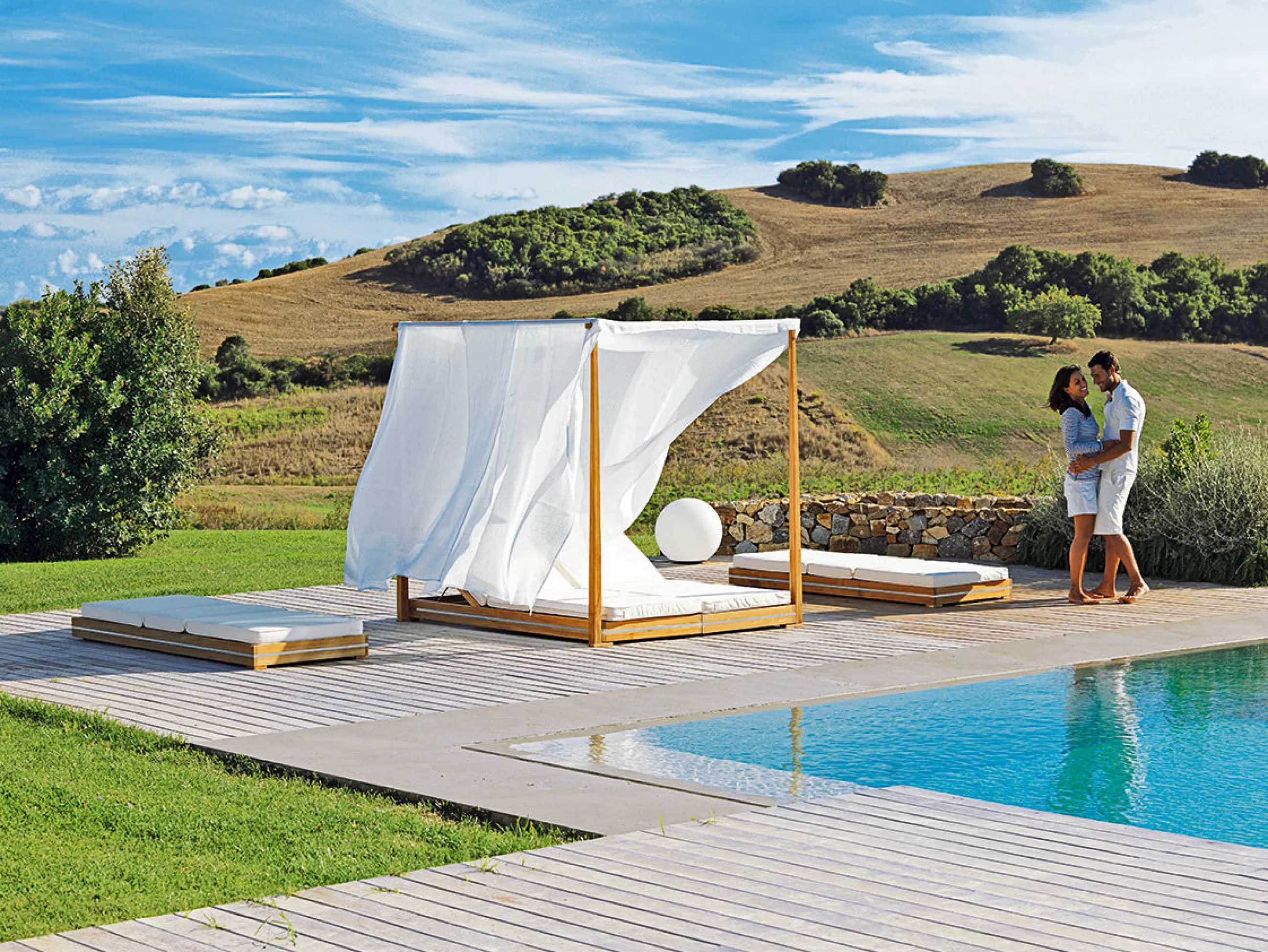 Bains De Soleil Chaises Longues Et Hamacs>Ethimo Transat Double Essenza Bois Naturel Bois / A Baldaquin - Inclinable / 170 X 215 Cm - Acier Brosse - Blanc - Teck Naturel